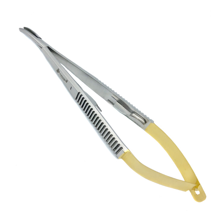 Castrovejo Needle Holder, Tungsten Carbide, 5.5" (14cm), Curved with Lock, Serrated
