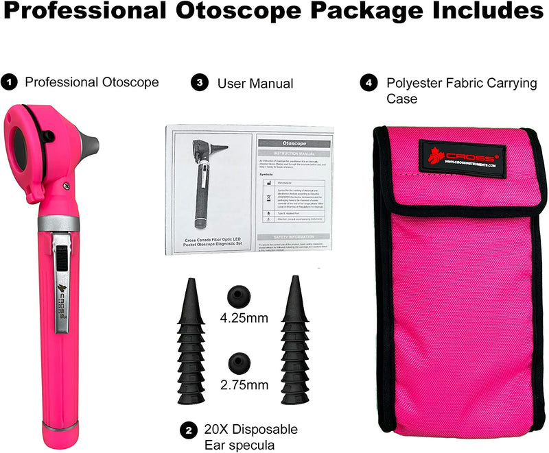 Cross Canada 11-080 Physician Fiber Optic LED Pocket Otoscope Diagnostic Set, Pink