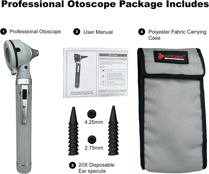Cross Canada 11-078 Physician Fiber Optic LED Pocket Otoscope Diagnostic Set, Gray