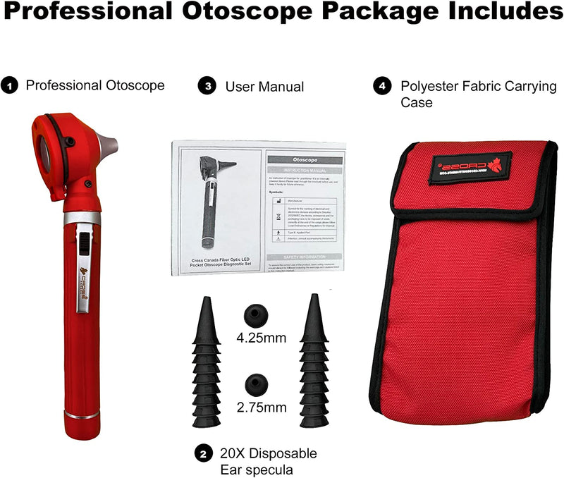 Cross Canada 11-082 Physician Fiber Optic LED Pocket Otoscope Diagnostic Set, Red