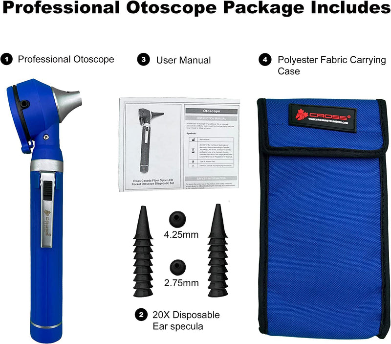 Cross Canada 11-081 Physician Fiber Optic LED Pocket Otoscope Diagnostic Set, Blue