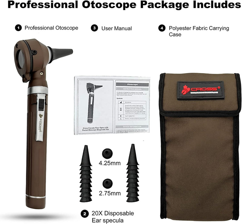Cross Canada 11-113 Physician Fiber Optic LED Pocket Otoscope Diagnostic Set, Chocolate Brown