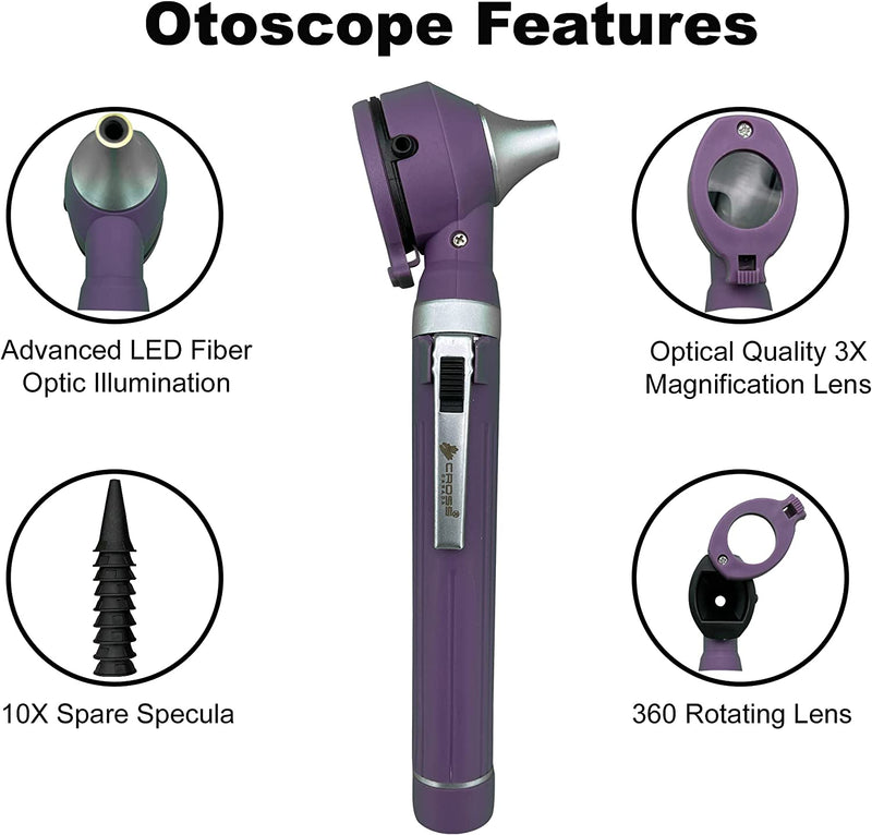 Cross Canada 11-085 Physician Fiber Optic LED Pocket Otoscope Diagnostic Set, Purple