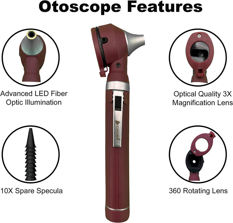 Cross Canada 11-091 Physician Fiber Optic LED Pocket Otoscope Diagnostic Set, Burgundy