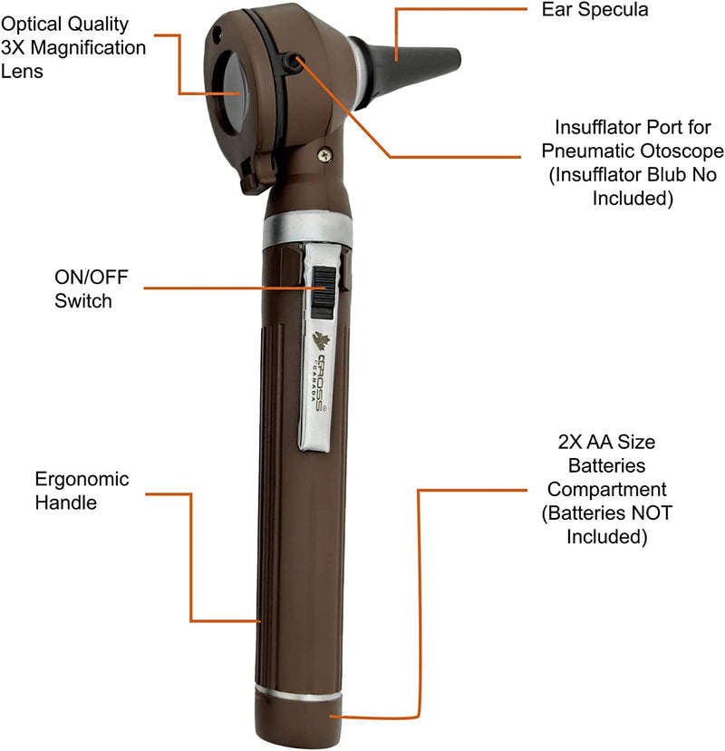 Cross Canada 11-113 Physician Fiber Optic LED Pocket Otoscope Diagnostic Set, Chocolate Brown