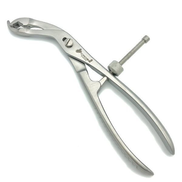 BONE HOLDING FORCEPS, SELF-RETAINING, 5" (13CM), 1 SERRATED JAW, ANGLED WITH SIDE LOCK
